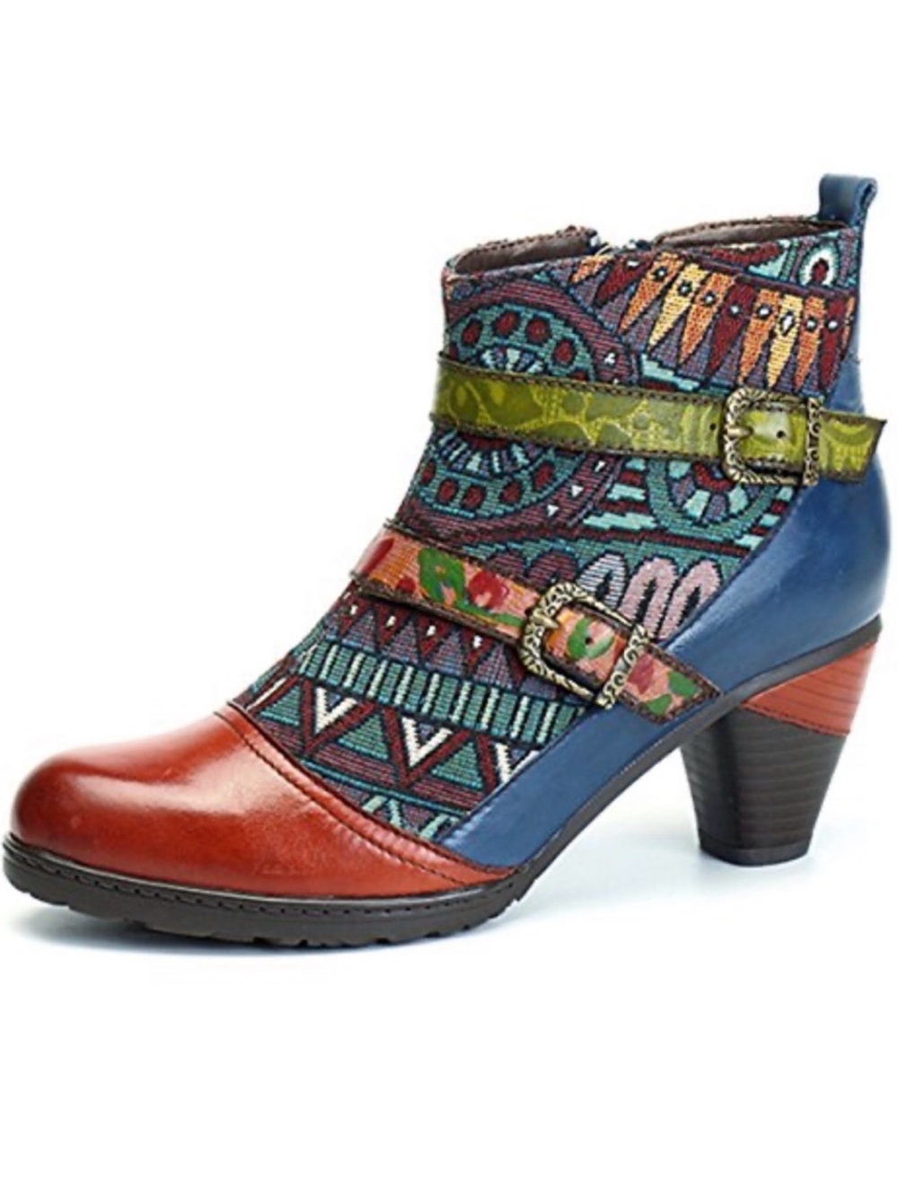 Socofy Retro Multicolor Embroidered Leather Ankle Boots Size US 7 EUR 38